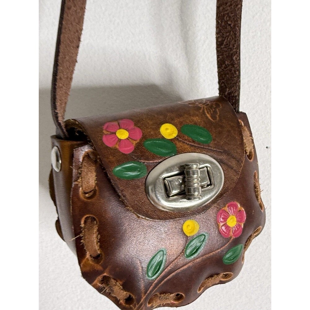 Vintage Handmade Mexican Leather Mini Crossbody Coin Purse Hand Painted Floral